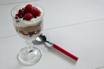 Cup of yogurt with raspberry and pomegranate