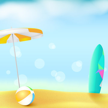 Sunny beach with Golden sand and blue sky. Summer background with sun umbrella, inflatable ball and surfboard. Template for touristic events, travel agency actions, action of sales.