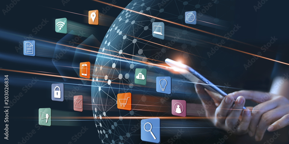 Poster businessman using mobile payments online shopping and icon customer network connection on virtual sc