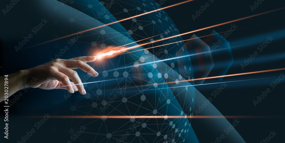 Poster hand finger with lighting touching global network connection, internet fast speed, on dark backgroun
