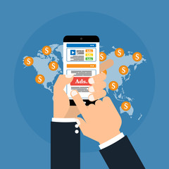 Hands with smart mobile phone has digital advertising ads social media online marketing on world map with coins money. Vector illustration social ads digital marketing concept.