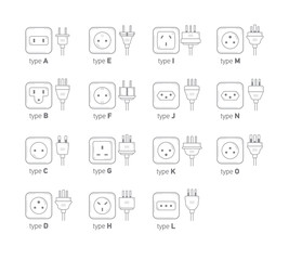 Electric outlet illustration on white background. All type power socket set, vector isolated icon illustration for different country plugs. Power socket - World standards icons set.