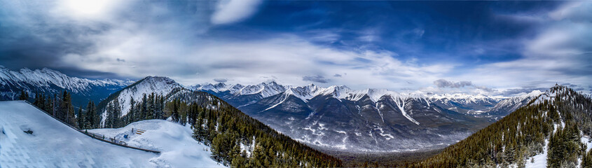Panoramic view of Banff town site and surrounding mountains, as seen from Sulphur Mountain, Banff...