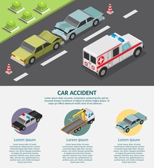 Isometric low poly accident crosswalk with bump car vector illustration 