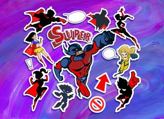 Bright and colorful cartoon set of funny and awesome superheroes stickers in cool costumes