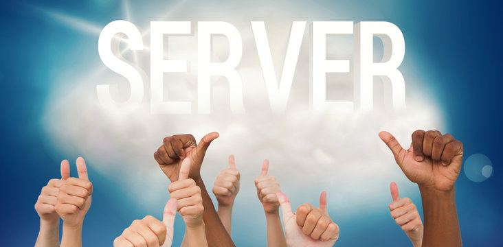 Hands giving thumbs up  against server on a floating cloud