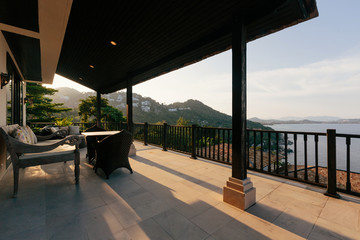 Tropical luxury villa interior outdoor,  sea view veranda