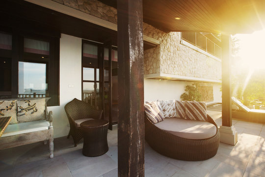 Tropical luxury villa interior outdoor,  sea view veranda