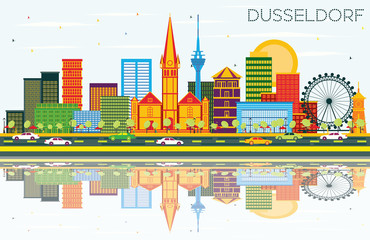 Fototapeta premium Dusseldorf Skyline with Color Buildings, Blue Sky and Reflections.