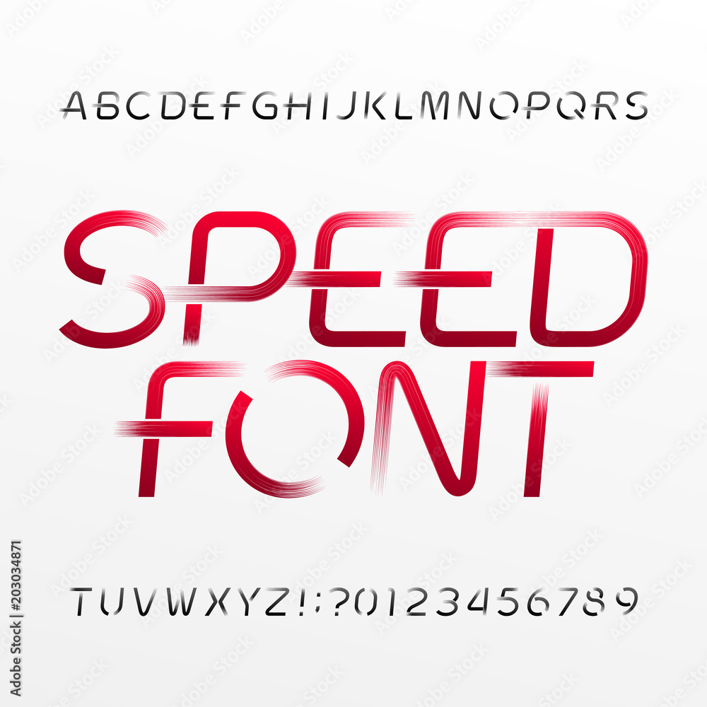 Poster high speed alphabet font. wind effect type letters and numbers on bright background. stock vector ty