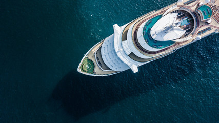 Aerial view beautiful large cruise ship at sea, Big blue passenger cruise ship vessel sailing across the Gulf of Thailand to Phuket beach. - obrazy, fototapety, plakaty