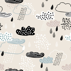 Childish seamless pattern of clouds and rain. Background for poster, cover booklet, banner, surface design.