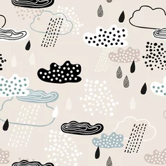 Wandcirkels plexiglas Kinderachtig naadloos patroon van wolken en regen. Achtergrond voor poster, omslagboekje, banner, ontwerp van proefbaan. © bukhavets