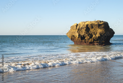 One Big Stone On Sea Waves Beach At Sunny Day Stock Photo
