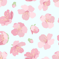 Sakura cherry tree blossom seamless pattern texture on light blue background. Blooming pink sping flowers. Vector design illustration for fashion, fabric, textile, decoration.