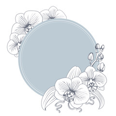 Orchid phalaenopsis flower branch bouquet contour outline. Black and white line art illustration. Blue teal circle ring floral decorated wreath. Vector design illustration. - obrazy, fototapety, plakaty