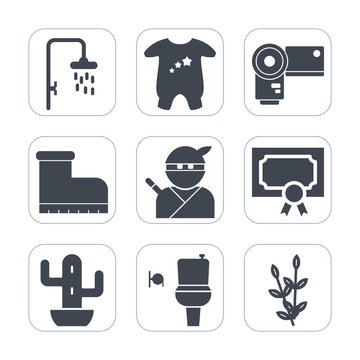 Premium fill icons set on white background . Such as small, japan, camera, kid, water, leather, photography, weapon, footwear, fashion, clothes, child, baby, plant, diploma, photo, harvest, samurai