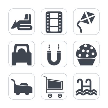 Premium fill icons set on white background . Such as retail, garden, market, grass, toy, trolley, cake, vehicle, heavy, kite, lawn, sweet, dessert, automobile, movie, magnet, summer, construction, sky