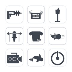 Premium fill icons set on white background . Such as off, fitness, clothing, science, film, future, fiction, military, restaurant, sport, power, seafood, fashion, bowling, switch, technology, bottle © Amid