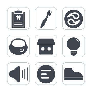 Premium fill icons set on white background . Such as light, object, school, medicine, audio, health, backpack, japanese, patient, up, dentistry, crest, brush, idea, kamon, house, menu, pattern, energy