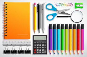 School supplies vector set with color pencils notebook, pens and office supplies in white background. Education elements for back to school design.
