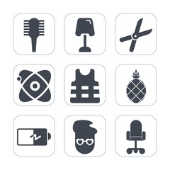 Premium fill icons set on white background . Such as light, gardening, jacket, full, astronomy, pruning, energy, interior, home, office, female, cosmos, power, comb, lamp, safety, star, style, fruit