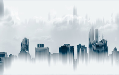 Panoramic modern buildings and motion graphic. Building technology abstract background