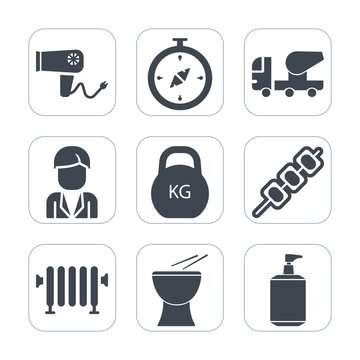 Premium fill icons set on white background . Such as east, home, south, boiler, clean, music, heavy, salon, mixer, musical, hairdryer, care, male, liquid, equipment, north, hair, grilled, map, boy