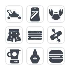 Premium fill icons set on white background . Such as lawnmower, shellfish, salt, mixer, food, tool, fresh, equipment, cut, cooking, ingredient, pepper, wear, seafood, clothing, template, garden, grass