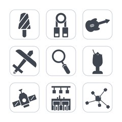 Premium fill icons set on white background . Such as stick, air, dessert, electric, seminar, popsicle, travel, bar, plane, flight, atom, chemistry, orbit, sound, transportation, frozen, aircraft, cold