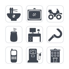Premium fill icons set on white background . Such as percussion, home, pasta, table, harvesting, fuel, house, station, tv, real, quad, room, extreme, bike, phone, musical, tasty, meal, business, gas