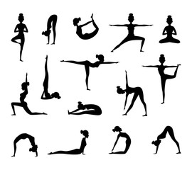 Silhouette of female wich making yoga. Vector collection of sport pictures