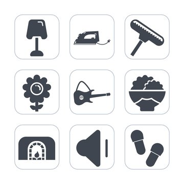 Premium fill icons set on white background . Such as home, furniture, hot, fire, lamp, modern, iron, spring, volume, christmas, floral, light, electric, interior, petal, pink, fireplace, music, grain