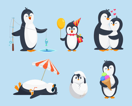 Illustrations of baby pinguins in different poses. Vector cartoon pictures