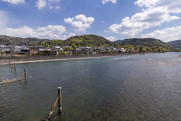 Fototapeta na wymiar Beautiful view of the town of Uji and the river Uji, in the district of Kyoto, Japan