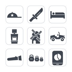 Premium fill icons set on white background . Such as xray, hat, knife, room, scan, object, hotel, kilogram, travel, torch, bed, table, vehicle, kitchen, flashlight, cutlery, fashion, business, fork