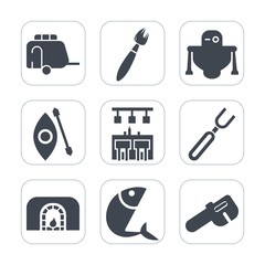 Premium fill icons set on white background . Such as repair, bar, android, robot, fish, paint, paintbrush, restaurant, dinner, fire, technology, water, kayak, painter, vehicle, van, fireplace, warm