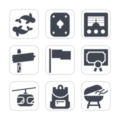 Premium fill icons set on white background . Such as fish, game, casino, grill, arrow, bbq, cooking, bag, sign, train, gambling, animal, play, fishing, barbecue, black, frame, signal, wireless, white