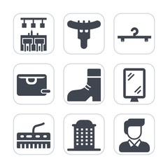 Premium fill icons set on white background . Such as lunch, footwear, hanger, banner, house, , hotdog, street, man, boot, graphic, eat, city, dinner, bag, meat, boy, wardrobe, cloakroom, bar, leather