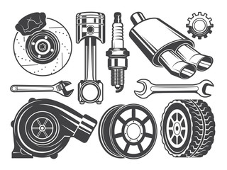 Monochrome pictures of engine, turbocharger cylinder and other automobile tools