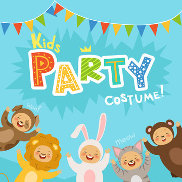 Kids party invitation with illustrations of happy childrens in carnival costumes of animals