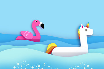Giant inflatable Fantasy Unisorn and Pink Flamingo paper cut style. Origami Pool float toys. Crystal clear blue sea water. Summer holidays. Sunny days.