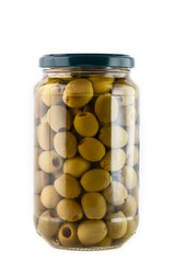 Green olives jar on a white background