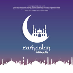Ramadan Kareem islamic greeting card design with 3D moon and dome mosque element in paper cut style. background Vector illustration.
