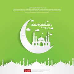 Ramadan Kareem islamic greeting card design with 3D moon and dome mosque element in paper cut style. background Vector illustration.