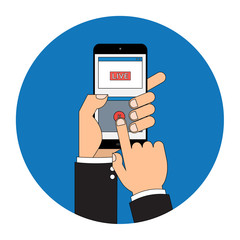 Businessman hand holding smartphone video live streaming on internet online network. Vector illustration. Vector illustration influencer social media ads digital marketing concept.