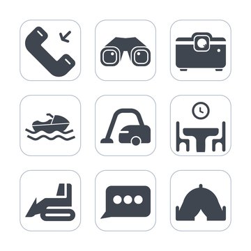 Premium fill icons set on white background . Such as equipment, housework, outgoing, camp, call, food, construction, marine, media, boat, outdoor, speech, projector, web, sign, mobile, binocular, home