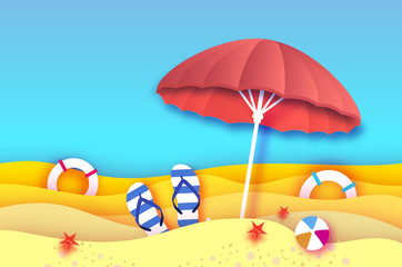Fototapeta na wymiar Red parasol - umbrella in paper cut style. Origami sea and beach with lifebuoy. Sport ball game. Flipflops shoes. Vacation and travel concept.