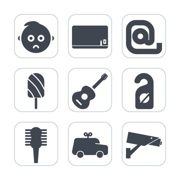 Premium fill icons set on white background . Such as guitar, label, communication, ice, kid, brush, security, sad, car, dessert, play, infant, mail, toy, child, school, surveillance, privacy, empty