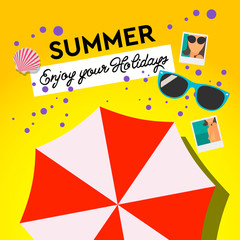 Summer Holiday and Summer Camp poster, travel banner, beach resort, vector illustration.